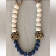 Blue Druzy Agate, Cream Wood And Brass Necklace. One Of My Favorite Pieces. Another One For Any Season. The Druzy Beads Are A Beautiful Shade Of Blue. 8-10mm Bead Size 12-30" Adjustable Length Elegant Blue Jewelry With Wooden Beads, Everyday Blue Bohemian Beaded Necklace, Everyday Bohemian Blue Beaded Necklace, Blue Beaded Everyday Necklace, Blue Wooden Beads Jewelry For Jewelry Making, Blue Beaded Necklaces With Gemstone Beads, Everyday Blue Gemstone Beaded Necklaces, Everyday Blue Gemstone Beaded Necklace, Pandora Rose Gold