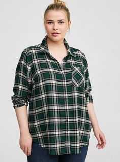 FIT Model is 5’9. 5” wearing size 1. . Measures 31” from shoulder (size 2). MATERIALS + CARE Softest Flannel woven fabric. . 85% rayon, 15% acrylic. Machine wash cold. Tumble dry low. Imported. DETAILS Collared neckline. Long sleeves. The best plus size women's lizzie softest flannel shirt long sleeve tops in space out plaid made of acrylic. Torrid is your destination for cozy fall and winter clothes to keep you warm and comfortable. Red Cami, Rayon Blouse, Vintage Flannel, Rayon Shirt, Black And White Shirt, Grey Plaid, Tops Fall, Winter Clothes, Wearing Red