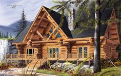 a log cabin house is shown in this painting