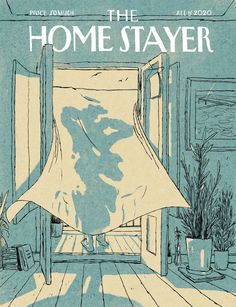 the home stayer poster is hanging in front of an open door, with plants and potted plants