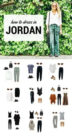 a woman standing in front of a bush with the words how to dress in jordan