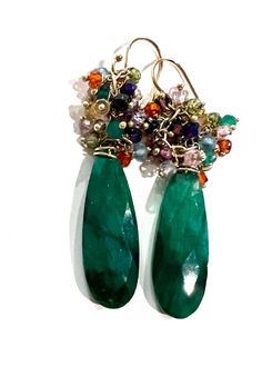 "A faceted rare semi precious Adventurine gemstone drop adorned with mini semi precious stones, dangles from 14k gold fill earwire. A long green adventurine drop adorned with semi Precious stones, dangling from 14k gold fill earwire. 2\" adventurine length, $88 3\" green onyx $160 hypoallergenic, stunning! Match with the long emerald edition necklace in my shop! (similar pieces can be made to order by contacting oohjacquelina@gmail.com with your inquiry, such as if you want them to be all one co Green Gemstone Bead Drop Earrings, Green Teardrop Earrings With Faceted Beads, Green Teardrop Faceted Beads Jewelry, Handmade Green Briolette Earrings, Festival Earrings, Triangle Necklace, Hypoallergenic Jewelry, Gemstone Jewelry Handmade, Rhinestone Studs