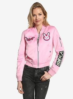 https://www.boxlunch.com/product/overwatch-d.va-patch-womens-bomber-jacket/10855970.html?cgid=new Overwatch Drawings, Mens Black Jacket, Kawaii Things, Cute Dress Outfits, Plus Size Outerwear, Patches Jacket, Flight Jacket, Pink Jacket, Kawaii Clothes