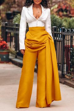 Side Draped Ruched Straight Leg Pants High Neck Evening Dress, Wardrobe Revamp, Loose Fit Pants, Fire Fits, Fashion 2024, Color Fabric, Chic Clothes, Yellow Fashion, Fit Pants