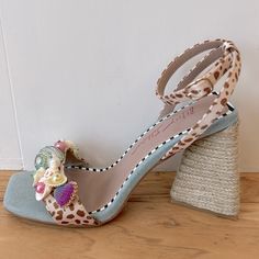 Betsey Johnson Anckor Heeled Sandal In Size 8 Almost New In Box Perfect On Top Bottoms Have Either Been Tired On A Lot Or Worn Once Multicolored Sea Shells & Rhinestones On Leopard Print Leopard Print Ankle Strap Triangular Block Rope Heel, About 4” Denim Blue Sides Color May Vary Due To Lighting Ships Same Day Smoke Free Pet Free Tag, Wedding, Bridesmaid, Special Occasion, Cocktail Party, Evening, Gala, Ball, Formal, Red Carpet, Black Tie, Cruise, Pageant, Mother Of The Bride, Bachelorette, Hom Summer Rhinestone Open Heel Heels, Summer Rhinestones Open Heel Heels, Rhinestone High Heel Sandals For Beach, High Heel Rhinestone Beach Sandals, Summer Rhinestone Low Heel Heels, Summer Embellished Heels With Ankle Strap, Summer Low Heel Rhinestone Heels, Spring Rhinestone Closed Toe Heels, Spring Block Heels With Rhinestones