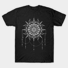 a black t - shirt with an intricate design