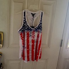 -Sleeveless Top -Red, White And Blue -Nwt -Rock & Republic -Size Small -Smoke Free And Animal Hair Free Home Patriotic Sleeveless Tops For Spring, Red Sleeveless Tank Top With Flag Print, Sleeveless Tops With American Flag Print For Spring, Red Flag Print Tank Top For Summer, Red Tank Top With Flag Print For Summer, Patriotic American Flag Print Sleeveless Top, Patriotic Sleeveless Top With Flag Print, Patriotic Sleeveless Top With American Flag Print, White Sleeveless Top With Flag Print