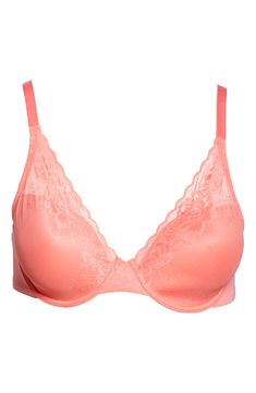 Exceptional fit and support define this contour-padded bra designed with cherry blossom-inspired lace that adds a little romance to the everyday. Back J-hook converts straps to racerback Lined 86% nylon, 14% spandex Hand wash, line dry Imported Women's Clothing Fitted Bra With Moderate Back Coverage, Moderate Back Coverage Push-up Bra, Full Coverage Fitted Bra With Lace Closure, Spring Underwire Bra With Padded Cups, Spring Padded Underwire Bra, Fitted Full Coverage Bra With Lace Closure, Elegant Bra With Adjustable Straps For Spring, Seamless Fitted Racerback Bra, Elegant Spring Bra With Adjustable Straps