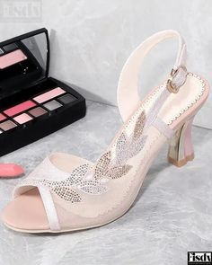 Fisdy - Leaf Pattern Rhinestone Slingback Peep Toe Wedding Guest Shoes Wedding Guest Shoes, Rhinestone Shoes, Chic Type, Shoe Company, Rhinestone Wedding, Thick Heels, Peep Toe Heels, Sandal Fashion, High Heel Sandals