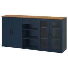 a large blue cabinet with two doors and shelves