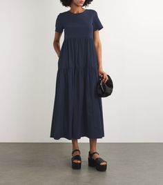 Find MAX MARA Cotton Jersey Midi Dress on Editorialist. As its name suggests, Weekend Max Mara is a natural choice for pieces suited to off-duty endeavours. Crafted from a soft cotton jersey, this dress provides daylong comfort, with its mid-length, tiered skirt lending a flattering and effortless silhouette. Navy Cotton Midi Dress, Max Mara Weekend, Jersey Dresses, Summer Skincare, Taffeta Dress, Weekend Max Mara, Poplin Dress, Blue Midi Dress, Tier Skirt