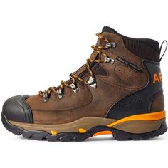 a pair of brown hiking boots with yellow laces on the outstep and black upper