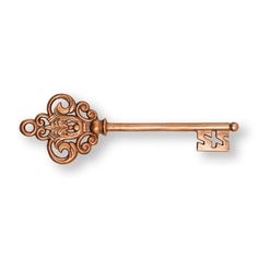 an antique key with filigrees on the front and back ends is shown