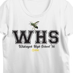 Show some school pride with this Yellowjackets tee. The shirt features black letters that spell out, "WHS," while a yellowjacket mascot flies above the text. The tee comes in a white short sleeve crew neck. Yellowjackets fans will love this comfy cotton tee. Yellow Jacket, School Pride, Black Letter, White Short, Sleeves (women), White Tshirt, White Shorts, Cotton Tee, Crew Neck