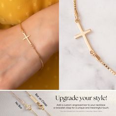 14K Solid Gold Sideways Cross Box Chain Bracelet, Gold Stylish Tiny Cross Bracelet, Yellow Rose or White Gold Dainty Cross Faith Bracelet. Makes a perfect gift for bridesmaids, mom, wife, girlfriend, fiance or anybody else that is special to you. Comes in a cute gift box ready for gifting. This beautiful sideways cross Bracelet was made popular by Jennifer Lopez, Kelly Ripa, Selena Gomez, and many other celebrities. Make it your own and add it to any outfit to add elegance and interest. The perfect versatile piece! Material: Solid Gold, real gold (no gold filled or gold plated) Karat: 14k (585), Cross Width: 0.34 inches (0.86 cm) Cross Height: 0.64 inches (1.63 cm) Box Chain Width : 0.046 inches (1.18 mm) Bracelet Length: Available Between 6.0 - 8.0 Inches      M o r e  *  F r o m  *  U s Rose Gold Bracelet Jewelry As A Gift, Elegant Rosary Bracelet With Cross For Gift, Elegant Cross Rosary Bracelet As Gift, Personalized Gold Rosary Bracelet As Gift, Gold Charm Bracelet With Adjustable Chain As Gift, Gold Cross Bracelets For Everyday, Gold Cross Bracelet For Everyday Wear, Minimalist Gold Bracelet With Extender As Gift, Everyday Gold Cross Bracelets