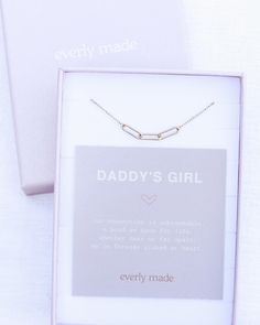 Save 10%, purchase 2+ items with code: LINKED10 Save 15%, purchase 4+ items with code: LINKED15 Save 20%, purchase 6+ items with code: LINKED20 DADDY'S GIRL GIFT * DADDY'S GIRL NECKLACE unbreakable connections are forged with love. one for each of us... linked for life. these interlocking charms symbolize the strength of our bond. whether near or far apart, we're always linked at heart. each necklace sold separately this is the chic daddy's girl necklace you've been looking for! details: sterling silver, 18k gold plated or 18k gold vermeil * Approximately 14.5" + 2" extender * comes with product meaning card & in its own gift box * cable chain with spring clasp * links measure 4 x 14mm * each necklace sold separately Linked Collection https://www.etsy.com/shop/everlymadejewelry/?etsrc=sdt& Daughter Gift Ideas, Girl Gift Ideas, Daddy And Daughter, Girl Necklace, Daughter Necklace, Girls Necklaces, Daughter Gifts, Girl Gifts