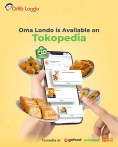 an advertisement for oma london is available on tokopedia with hands holding plates of food