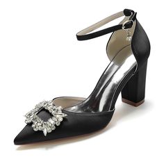 Shop Black Rhinestone Pointed Toe Chunky Heel Ankle Strap Pumps Satin Wedding Shoes color Black for Big Day, Party, Wedding with worldwide Free shipping & Free return. Wedding Shoes High Heels, Wedding Shoes Pumps, Satin Wedding Shoes, Rhinestone High Heels, White Wedding Shoes, Wedding Shoes Heels, Bling Shoes, Bridesmaid Shoes, Womens Wedding Shoes