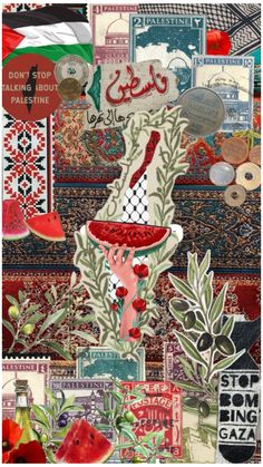 an artistic collage with various items and words in arabic, including watermelon