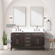 a bathroom with double sinks and mirrors on the wall