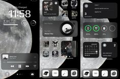 an iphone screen with the moon in the background and various icons on it, all showing different times