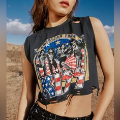 Brand New With Tags, Never Worn! Cropped And Distressed; Raw Hem Size Us 6 (Small) Kiss Graphic, Rodeo Girls, Crop Tank, Rodeo, Kiss, Womens Tops, Size 6, Tank Tops, Brand New