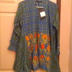 Nwt Khaadi Blue/Green Sunflower Shirt Embroidered Perfect Condition, Never Been Worn 40% Polyester, 35% Viscose, 25% Cotton Spring Cotton Tunic Set, Spring Multicolor Tops With Printed Motifs, Casual Long Sleeve Blouse With Printed Motifs, Spring Tunic Blouse With Printed Motifs, Festive Casual Floral Print Tops, Festive Green Floral Print Tops, Casual Green Tops With Printed Motifs, Festive Casual Cotton Blouse, Blue Tunic Sets For Spring