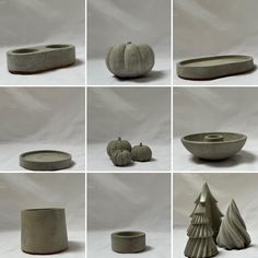 many different types of pottery are shown in this photo collage, including pumpkins and pine cones