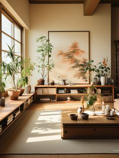 a living room filled with lots of furniture and plants on top of a wooden table