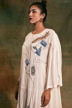 Shop for Shilpi Gupta White Organic Rayon Embroidered Layered Dress for Women Online at Aza Fashions Layered Dress, Embroidered Neckline, Layer Dress, Dress For Women, Flared Sleeves, Dress White, Aza Fashion, Floral Embroidery, Round Neckline