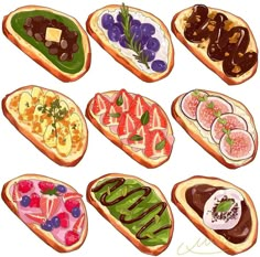 a bunch of slices of bread with different types of toppings on them, including fruit and chocolate