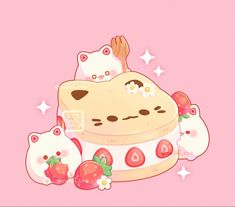 an image of a cake with strawberries and cats on it's top, surrounded by other food items