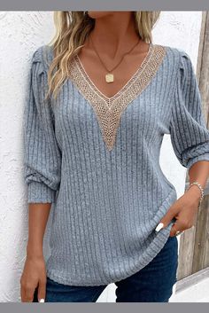 Lace Dusty Blue V Neck Long Sleeve T Shirt Long Sleeve Knit Top, Casual Outwear, Women Sweaters Winter, Stripe Outfits, Loose Long Sleeve, Chic Sweaters, Winter Color, Fall Clothes, Drop Shoulder Sweaters