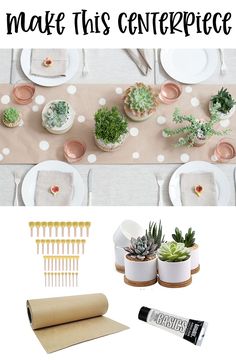 an image of a table setting with succulents on it and the words how to make this centerpiece