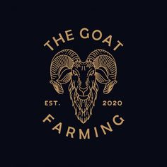 the goat farming logo on a black background with gold lettering and an image of a ram's head