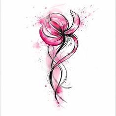 a pink flower with black swirls and watercolor splashes on the back of it