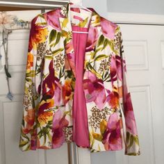 Large Floral Print Blazer. Never Worn. Multicolor Floral Print Open Front Outerwear, Fitted Floral Print Blazer With Notch Lapel, Multicolor Floral Print Outerwear One Size, Vintage Fitted Floral Print Blazer, Floral Print Blazer, Multicolor V-neck Floral Print Outerwear, Large Floral Print, Floral Blazer, Isaac Mizrahi