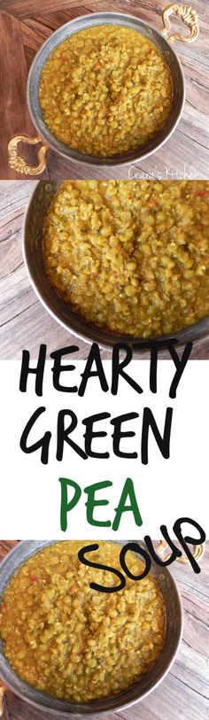 three pans filled with green pea soup on top of a wooden table next to each other