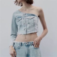 Nwt Zara One Shoulder Jean Jacket Size Xs New W Tags Questions? Leave A Comment Below! Winter Fitted Denim Tops, Zara Fitted Long Sleeve Denim Jacket, Zara Fitted Tops With Pockets, Chic Zara Denim Jacket, Fitted Zara Tops With Pockets, Fitted Long-sleeved Zara Denim Jacket, Winter Cropped Tops With Pockets, Zara Jackets, Walker Boots