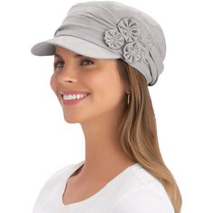 Stylish And Comfortable, This Lovely Embellished Hat Features Shirring Details, Three Beautiful Flowers On The Side And Elastic At The Back For A Perfect Fit. Fully Lined. Spot Clean. Polyester; Imported. One Size Fits Most. Choose: Blue, Sand Or Raspberry. Cabbie Hat, Hat Patterns To Sew, Women Hats, Collections Etc, Embroidered Caps, Womens Baseball Cap, Scarf Hat, Black Bow, Hat Shop