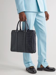 Bottega Veneta's 'Avenue' briefcase is bound to make an impression at your next meeting. Woven from strips of leather using the label's signature intrecciato technique, it's fully lined in suede and offers enough room for your laptop and important documents. Designer Formal Briefcase Rectangular, Luxury Bags For Business Meetings, Formal Textured Leather Rectangular Briefcase, Designer Textured Leather Briefcase For Business, Formal Rectangular Briefcase In Textured Leather, Luxury Textured Leather Briefcase For Formal Use, Luxury Textured Leather Briefcase For Business Trips, Rectangular Textured Leather Briefcase For Formal Use, Modern Blue Briefcase For Business