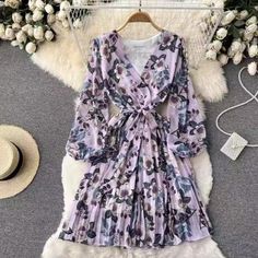 Casual Purple Chiffon Dress, Purple V-neck Chiffon Party Dress, Purple V-neck Chiffon Dress, Purple Long Sleeve Chiffon Dress, Purple Chiffon V-neck Dress, Multicolor Floral Print Chiffon Dress V-neck, Purple V-neck Chiffon Dress For Spring, Purple Flowy Long Sleeve Chiffon Dress, Flowy Multicolor V-neck Chiffon Dress