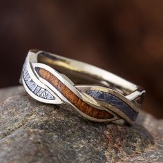 Meteorite and Koa Wood Twist Wedding Band-4538 - Jewelry by Johan Wedding Band Tattoo, Nature Inspired Wedding Ring, Twist Wedding Band, Gibeon Meteorite, Meteorite Jewelry, Wood Wedding Ring, Nature Inspired Wedding, Wood Wedding Band, Engraved Wedding Rings