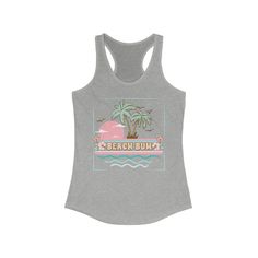 Beach Bum, Tropical Sunset and Palm Tree vintage style racerback workout or casual tank top. The model in the black tank top on the beach is 5'4'' 140lbs and is wearing a size L for a relaxed fit. Slim Fit Next Level Racerback tank-top (sizing chart in images) Material: 60% combed, ring-spun cotton, 40% polyester Extra light fabric (4 oz/yd² (135 g/m²)) Slim fit Runs slightly small since it is a slim fit. I suggest ordering one size up if you prefer a looser fit in your tank tops. Average Proces Sleeveless Tank Top For Beach Workout, Sleeveless Workout Tank Top For Beach Season, Racerback Tank Top For Beach Season Workout, Sporty Tank Top For Beach In Summer, Sporty Summer Beach Tank Top, Racerback Tank Top For Workout And Beach Season, Sporty Tank Top For Summer Beach, Casual Workout Tank Top For Beach Season, Beach Season Athleisure Tops