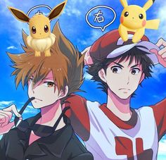 two anime characters with pikachu on their heads