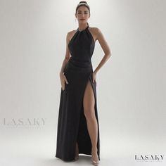 Lasaky - Elegant Black Lustrous Satin Maxi Dress with Halter Neck, High Slit, and Self-Tie Back Detail Halter Neck Maxi Dress, Home Dress, Satin Maxi, Satin Maxi Dress, Red Satin, Black Satin, Dance Wear, Halter Neck, Dress Outfits