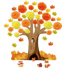 an autumn tree with orange and yellow leaves on the branches is featured in this illustration