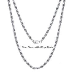 This solid chain is made from 925 sterling silver and has a 1.7mm diamond cut that adds a classic style to your basic look. It is strong and durable for daily wear yet not too thick for a comfortable fit. Can be worn with both casual or formal outfits and everyday modern elegance. The Cuban link chain is a great choice for individuals with very sensitive skin because it is nickel-free and one of the brightest metals in the world. Sterling silver gives your jewelry a brilliant shine and classes a Silver Rope Chain Necklace With Cable Chain For Gifts, Silver Cable Chain Rope Necklace Gift, Silver Cable Chain Rope Necklace For Gifts, Silver Rope Chain Necklace Gift, Stainless Steel Rope Chain Necklace, Silver Link Chain Necklace With Diamond Cut, Silver Diamond Cut Link Chain Necklace, Solid Necklace, Silver Chain For Men