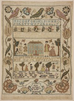 an embroidered sample of a house with birds, flowers and people on the front page