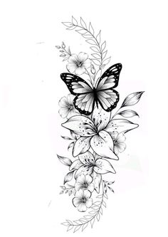 a black and white drawing of flowers with a butterfly on the top of one flower